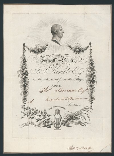 ジョンケンブルズがステージに別れを告げるディナーの入場券、1819 作： English School