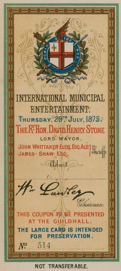 1875年7月29日にロンドンのギルドホールで国際市催し物への入場券 作： English School