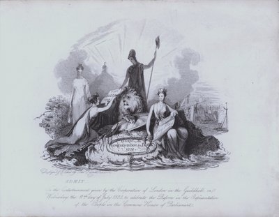 1832年の大改革法が下院で可決されたことを記念して、ロンドン・シティのコーポレーションが提供したギルドホールでのエンターテイメントの入場券（エッチング 作： English School