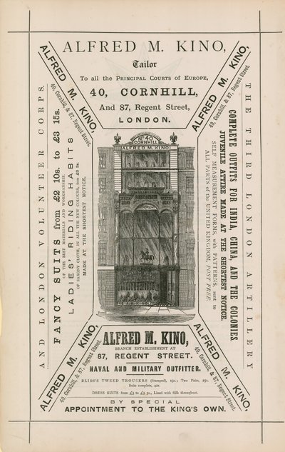 Alfred M Kino、テーラー、40 Cornhill、87 Regent Street、ロンドンの広告 作： English School