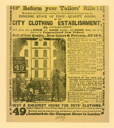 Doudney＆Sonの広告、City Clothing Establishment、49 Lombard Street、ロンドン 作： English School