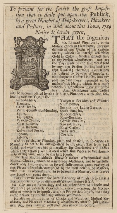 エドワードピンチベック、ミュージカルクロック、フリートストリート、ロンドン、1734年からの広告 作： English School