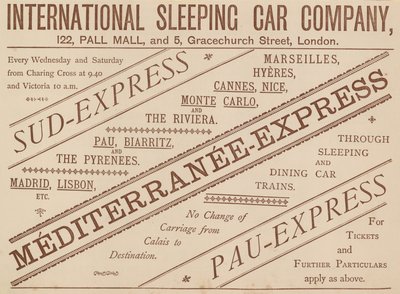 International Sleeping Car Companyの広告、122 Pall Mallと5 Graceshurch Street、1888 作： English School