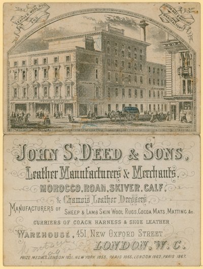 John S Deed＆Sons、皮革メーカー、商人の広告、451 New Oxford Street、ロンドン 作： English School