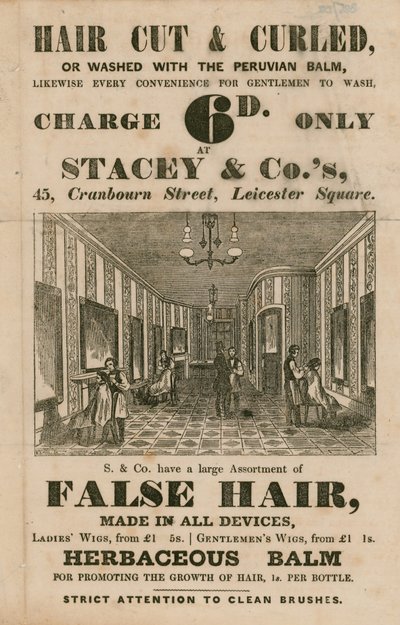 Stacey＆Co.s、45 Cranbourne Street、Leicester Square、ロンドン、ヘアドレッサーの広告 作： English School