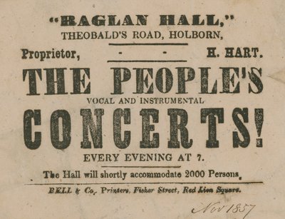 The Peoples Vocal and Instrumental Concerts、ラグランホールの広告 作： English School