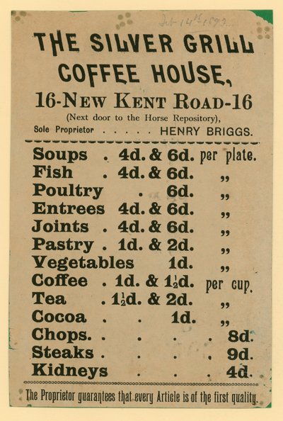 The Silver Grill Coffee House、16 New Kent Road、ロンドンの広告 作： English School