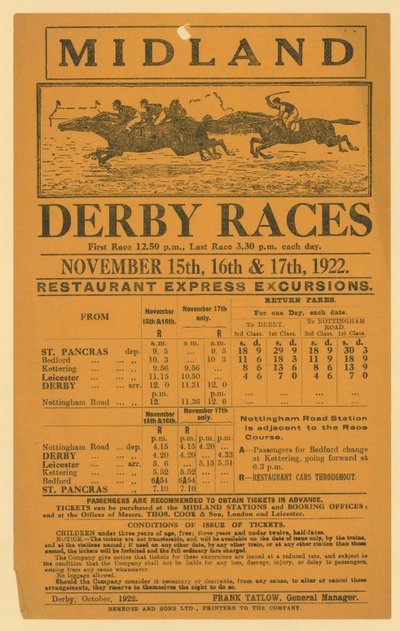 1922年11月15〜17日、ミッドランドダービーレースへの鉄道ツアーの広告 作： English School