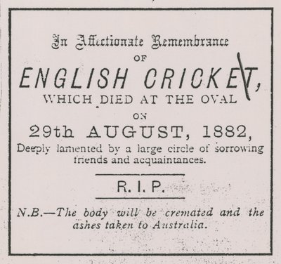 The Ashesのコンセプトを紹介した1882年8月のSporting Timesからの広告 作： English School