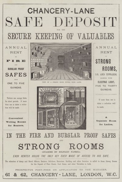 広告「Chancery-Lane Safe Deposit」（エングレービング 作： English School