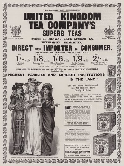 United Kingdom Tea Company」の広告（彫刻）。 作： English School