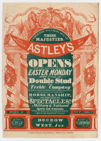 Astleys Amphitheatreの広告、1833年4月8日、夏のシーズンに向けてオープン 作： English School