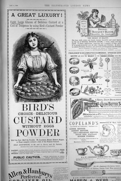 鳥カスタードパウダーの広告、イラスト入りロンドンニュース、1886年9月1日から 作： English School