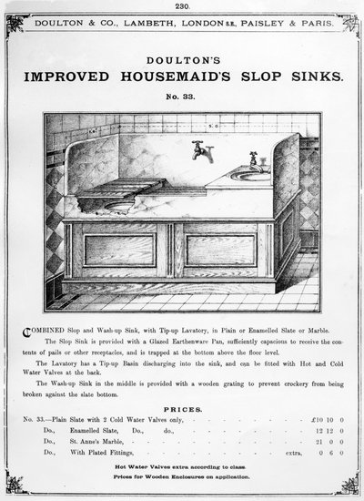 &39;Doulton&39;s Improvement Housemaid&39;s Slop Sinks&39;の広告、1880年代頃 作： English School