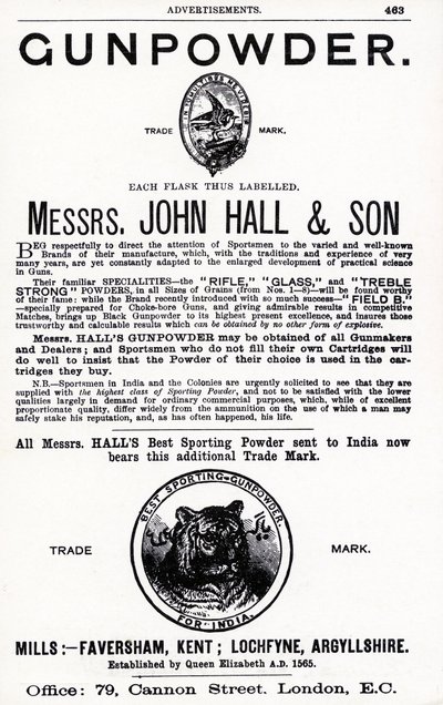 ジョン・ホール・アンド・サン社の火薬の広告（リトグラフ版 作： English School