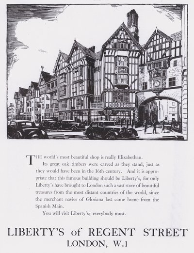 ロンドン、リージェント・ストリートのLibertysの広告、1944年頃（木版画 作： English School