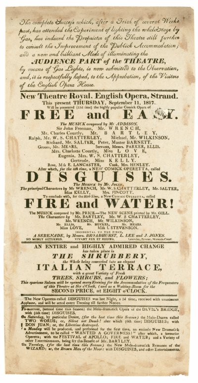 1817年9月11日、ロンドンの新しいシアターロイヤル、イングリッシュオペラ、ストランドの広告、ガス照明に言及 作： English School