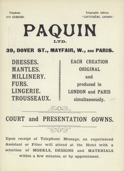Paquin、ドレスメーカーの広告 作： English School
