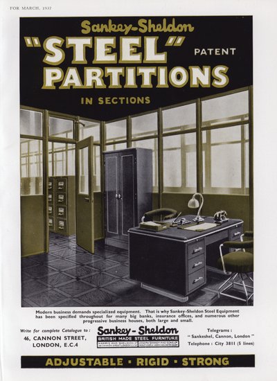 Sankey-Sheldonスチールパーティションの広告、1937 作： English School