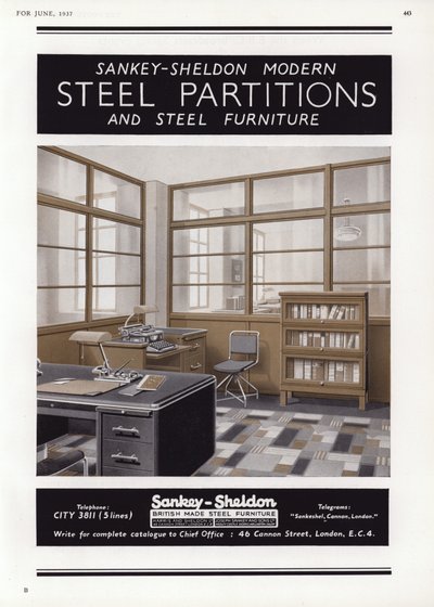 Sankey-Sheldonスチールパーティションの広告、1937 作： English School