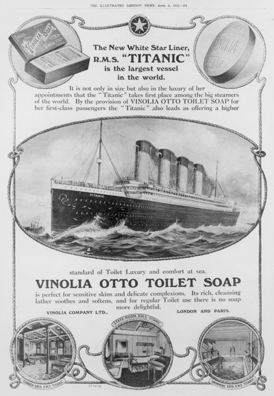 イラストレイテッド・ロンドン・ニュース』1912年4月6日号に掲載された、「タイタニック号」で使用されたヴィノリア・オットー・トイレ・ソープの広告（モノクロ写真）。 作： English School