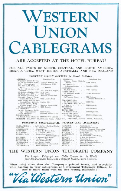 Western Union Cablegramsの広告（カラーリトグラフ 作： English School