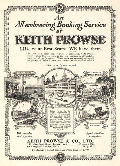 Keith Prowse & Co, Ltd.のチケット予約サービスの広告(リトグラフ) 作： English School