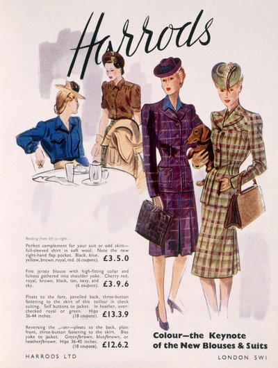 ハロッズでの女性用ブラウスとスーツの広告、1945年 作： English School