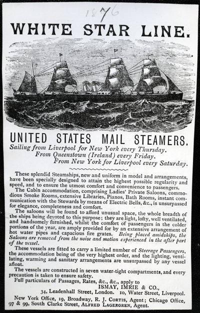 ホワイトスターラインの広告、1876年（印刷された紙） 作： English School