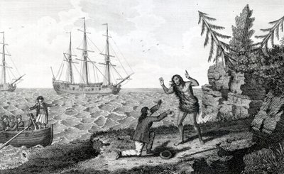 ムーアの航海と旅行から取られたイラスト、1778年の2人のモキト男性のインタビュー、1778年 作： English School
