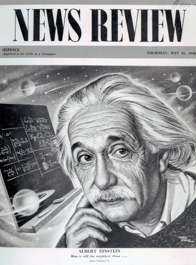 1946年5月16日、「ニュースレビュー」の表紙に掲載されたアルバートアインシュタイン（印刷） 作： English School