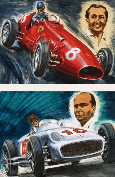 マセラティを運転するアルベルトアスカリ（上）とメルセデスベンツを運転するファンマヌエルファンジオ（下） 作： English School
