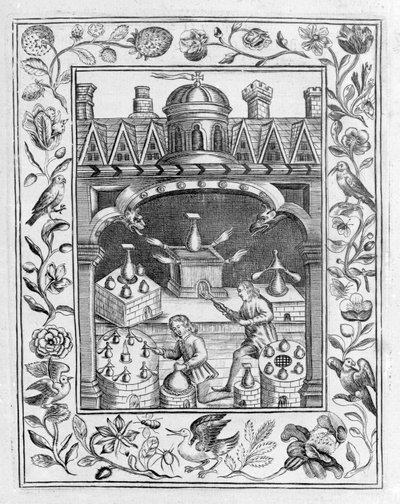 エリアスアシュモレ作のTheatrum Chemicum Britannicum、1652年に撮影されたさまざまな形の炉と容器を示す錬金術研究所 作： English School