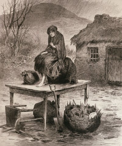 残されたすべて：1886年4月17日の「イラストレイテッド・ロンドン・ニュース」からのクロード・バーンのスケッチからのメイヨー・エビクションのシーン 作： English School