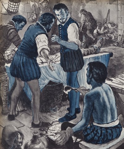 Ambroise Pare, cirurgião militar, quando o óleo acabou (litho) 作： English School