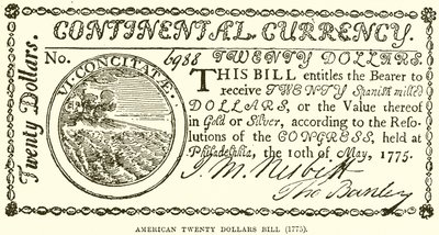 アメリカの20ドル紙幣（1775） 作： English School