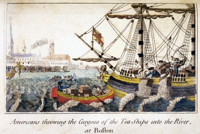 ボストンで茶船の積荷を川に投げ込むアメリカ人（『北アメリカ史』パブより）。ロンドン 作： English School