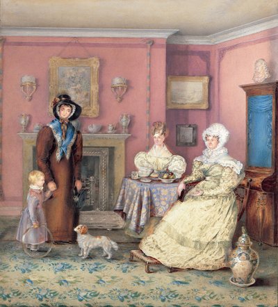 1830年頃のイギリスのウィリアムIVリビングルーム、1830年頃（紙にwc） 作： English School