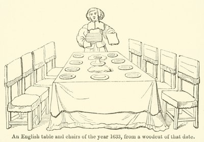 1633年のイギリスのテーブルと椅子、当時の木版画から（エングレーヴィング 作： English School