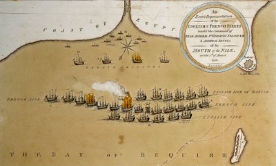 ナイル河口から離れたネルソン後部提督の指揮下のイギリス艦隊とフランス艦隊の正確な表現（カラーエッチング） 作： English School