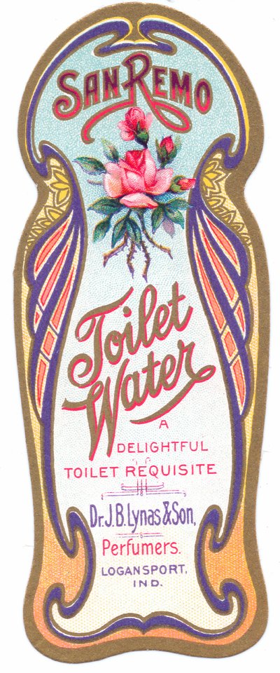 「サンレモトイレ水」のアールヌーボー香水ラベル、1900年頃 作： English School