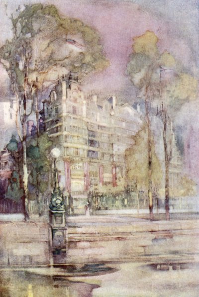 サボイ・ホテルのリバーフロントの印象派の風景（カラーリトグラフ 作： English School