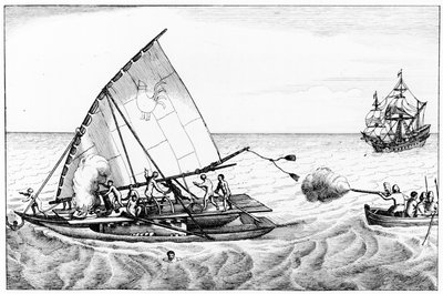 南海の航海と発見の時系列の歴史の第2巻からの1615〜16年のルメアーズ（c.1585-1616）とシュータン（c.1567-1625）の周航中の事件 作： English School