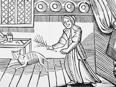エソテリカ、c14th-c17thのchapbooksのコレクションから、日曜日にネズミを捕まえるために猫を鞭打ちする老婆 作： English School