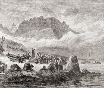 1886年に出版されたサミュエルG.グリーンの「ペンと鉛筆で描いたスコットランドの絵」からのインナーヘブリディーズスカイ島の野外サービス 作： English School