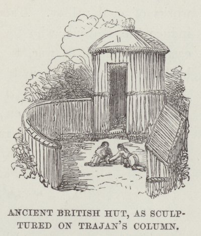 トラヤヌスの列柱に彫刻された古代イギリスの小屋（彫刻 作： English School