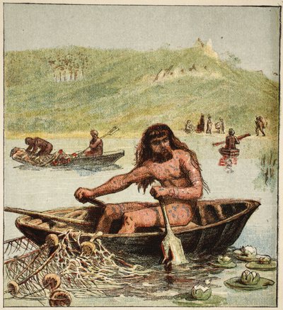 Ancient Briton in his Boat（ボートに乗った古代のイギリス人）、pub.1890年（カラーリトグラフ 作： English School
