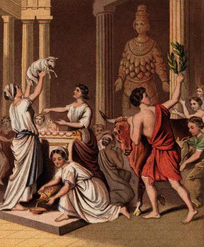 神殿で動物を飼っている古代ギリシャ人 (クロモリト) 作： English School