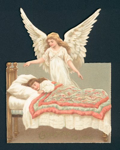 ベッドで眠っている少女を見下ろす天使、ビクトリア朝のスクラップ 作： English School