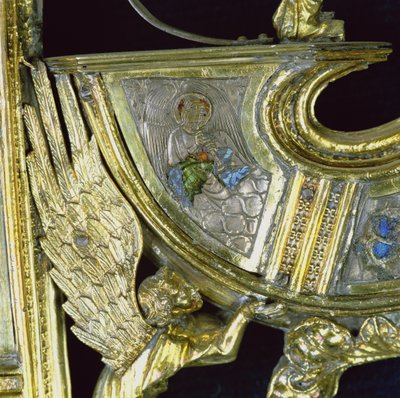 小さなショームを演奏するエンジェル、ウィリアムオブワイカム（c.1320-1404）のクルージからの詳細（銀の金箔とシャンプーエナメル） 作： English School